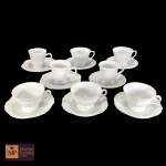 OITO 332 XÍCARAS PARA CAFÉ EM PORCELANA BRANCA, SENDO TRÊS SCHMIDT OCTAVADA SENDO UM COM PIRES REDONDO, TRÊS CANELADAS COM BORDAS EM LOSANGO, DOIS COM SINGELA DECORAÇÃO EM ALTO RELEVO NA BASE. - MED 6,5 X 11,5 CM, 6,5 X 10 CM, 5,5 X 11 CM E 6 X 11 CM.