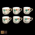 SEIS CANEQUINHOS PARA CAFÉ EM PORCELANA SANTA INÊS - PEDREIRA, COM DECORAÇÃO FLORALE DIERES ` VOCÊ` E `EU` - MED: 6 X 8 CM. DUAS APRESENTAM MARCAS INTERNAS DO TEMPO. 