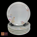 SEIS PRATOS RASOS EM PORCELANA SCHMIDT NA COR BRANCA COM DECORAÇÃO FLORAL E FRISO DOURADO .