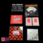 LOTE PARA JOGOS  COM  SEIS BARALHOS, QUATRO SUPORTES PARA CARTAS. UM JOGO DE DAMAS E RESTA UM.