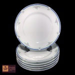 SEIS PRATOS PARA SOBREMESA EM PORCELANA SCHMIDT  BRANCA COM DECORAÇÃO FLORAL E FAIXAS AZUL E VERDE.MED: 20 CM.