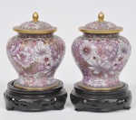 Par de antigos potishes com tampa bojudo chineses da segunda metade do Século XIX - Dinastia Qing, finamente esmaltado com flores, folhas, escamas e rosáceas. Acompanha peanha em madeira entalhada. Med: 13cm
