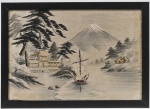 Desenho japonês clássico com monte Fuji em tecido emoldurado. Med: 38 x 26cm