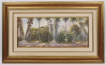 MARIA CAMPOS - Entrada do Jardim Botânico do Rio de Janeiro - Óleo sobre tela, assinado no CID e no verso, datado de 1996. Ricamente emoldurado. Med: 30 x 70cm (Obra) e 62 x 102cm (Total)