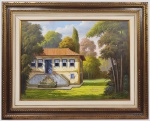 NILTON BRAVO - Paisagem com casario - Óleo sobre tela, assinado no CIE, Ricamente emoldurado e medindo: 100 x 70cm (Obra) e 135 x 110cm (Total)