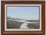 QUENTAL - Paisagem com marinha e barcos - OST assinado no CIE e medindo: 38 x 55cm (Obra) e 58 x 76cm (Total)