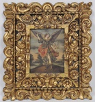 ESCOLA CUSQUENHA - "São Miguel Arcanjo" - Óleo sobre tela medindo 23 x 18cm (Obra) e 48 x 52cm - Ricamente emoldurado