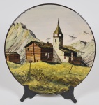 G. ARDUINO - Paisagem com casario - Pintura em medalhão de faiança européia, assinada e datada de 1951. Med: 35cm