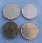Espanha 50 Pesetas 1990 - Expo 92, 50 centavos brasileiros 1990, 10 euro Cent espanhol 1999 e 2001.