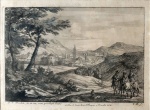 Jan van Huchtenburgh (1647-1733). PAISAGEM COM CENAS DE CAÇADA, CAVALEIROS, VIAJANTES E PASTORES. Gravura em metal executada entre 1665 e 1690. 12,5 x 17,5 cm (mi); 38 x 43 cm (me). AF. V. Meulen, jn, et. ex, cum priuilegio Regis (cie); et Chez G. Scotin Ruë St. Jacques a l´Estoille C.P.R. (centro); V. HB. f. (cid). Huchtenburgh executou seis gravuras, cada uma delas assinada V. HB f. na chapa, a partir de originais de Adam Frans van der Meulen (1632-1690), um pintor flamengo especialista em cenas de batalha. Em ótimo estado de conservação.