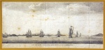 George Anson (1697-1762) e John Wood (gravador ativo entre 1747-1780). A VIEW OF THE NORTH ENTRANCE OF THE HARBOUR OF ST. CATHERINES. 1745 C. Gravura em metal. 22 x 47 cm (suporte); 36 x 60 cm (quadro). Fungos. J. Wood Sculp (cid). É a prancha II do álbum Atlas to Anson's Voyage round the world, Londres: 1745?. Vista do porto da Ilha de Santa Catarina em finais do século XVIII. Um dos navios retratados está em chamas. As letras a, b, c e d aparecem junto às ilhas, identificadas nas páginas seguintes do álbum de George Anson. A Biblioteca do Congresso americana possui um exemplar. 