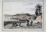 Fleury. VUE DE RIO JANEIRO PRISE DEVANT L'EGLISE DE SAN BENTO / ANSICHT VON RIO JANEIRO, VOR DER KIRCHE SAN BENTO. 1837. Gravura em metal aquarelada a mão. 9,5 x 13,5 cm (mancha); 16,5 x 21 cm (suporte) / 33 x 37 cm (quadro). Fleury del (cie). Aubert Sc (cid). Emoldurada. Em ótimo estado geral de conservação. Vidro antirreflex. 
