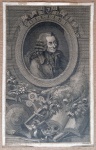 VOLTAIRE. Gravura em metal. 17 x 11 cm (mancha); 33,5 x 27 cm (quadro). Walker Sculp (cid). Vidro antirreflex. Gravada por John Walker entre 1775 e 1800 segundo original do Barão Dominique Vivant Denon (1747-1825), amigo do filósofo francês. Voltaire está retratado dentro de uma cartela oval abaixo da qual se encontram vários atributos  um livro aberto, flores, uma tocha, um trompete, uma lira e outros. O British Museum de Londres possui um exemplar. 