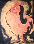 Trinas Fox (1899-1961). GALO. Nanquim e aquarela sobre papel. 49 x 38,5 cm (mi); 66 x 56 cm (me). Assinado no cid.
