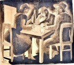 Trinas Fox (1899-1961). MESA DE BAR. Rio de Janeiro, 1959. Nanquim e aquarela sobre papel. 32,5 x 37,5 cm. Não possui moldura. Com dedicatória. Assinado, datado e localizado no cie.
