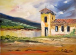 Claudio Arena,  `Paisagem com Igreja` - óleo sobre tela - med. 50 x 70 cm - sem moldura