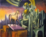 Costa Santiago, `A Esfera e o Vencedor` - óleo sobre tela - datado 1993 - med. 33 x 41 cm