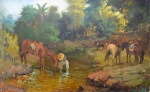 Rui de Paula, `Cavalos` - óleo sobre tela - datado Belo Horizonte 2000 - med. 60 x 100 cm