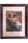 Belíssima e Antiga Gravura, representando Duas Crianças, paspatur largo e moldura em madeira. Dimensões: 46 cm X 35 cm e 79 cm X 61 cm (Alt./Larg.). Manchas do tempo.