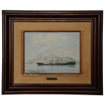 DAKIR PARREIRAS (Niterói, Rio de Janeiro, 1894   Idem, 1967) - Navio. Óleo s/ madeira. Ass. cie. 27 x 35 cm.