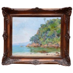 TULIO MUGNANINE (São Paulo, 1895 - 1975)  Encosta. Óleo s/ tela. Ass cid. 33 x 40 cm (MI). 46 x 53 cm (ME). Decorador, pintor, desenhista e professor brasileiro. Sua carreira foi marcada por sua atuação na decoração de igrejas e no desenvolvimento de um estilo europeu ao trabalhar especialmente paisagens
