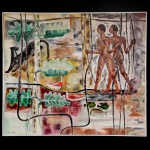 JOHN GRAZ (Genebra, 1891 - São Paulo, 1980) - Índios Caçadores.  Óleo s/ tela. Ass. e datado cie, 74. 130 x 150 cm.  Apresenta no verso cache do MNBA (Museu Nacional de Belas Artes). Rio de Janeiro. Pintor, decorador, escultor e artista gráfico. Ingressa no curso de arquitetura, decoração e desenho da Escola de Belas Artes de Genebra em 1908, onde é aluno de Eugène Gilliard (1861-1921), Gabriel Vernet e Daniel Baud-Bovy (1870-1958). É discípulo também de Edouard Ravel, com quem aprende uma multiplicidade de técnicas e estilos. De 1911 a 1913, na Escola de Belas Artes de Munique, estuda decoração, design e publicidade com Carl Moos (1873-1959). Retorna à Escola de Belas Artes de Genebra, onde permanece de 1913 a 1915, período em que passa boa parte do tempo em companhia dos irmãos Regina Gomide (1897-1973) e Antonio Gomide (1895-1967). Viaja a Paris, onde se familiariza com o trabalho de Paul Cézanne (1839-1906) e entra em contato com o cubismo, o fauvismo e o futurismo. Recebe, por duas vezes, a Bolsa Lissignol e parte para estudos na Espanha. De volta a Suíça, realiza vários trabalhos como ilustrador. Em 1920, vem para o Brasil e, nesse mesmo ano, casa-se em São Paulo com Regina Gomide. Por intermédio de Oswald de Andrade (1890-1954) o casal passa a fazer parte da vida intelectual da cidade. Graz participa da Semana de Arte Moderna de 1922, expondo sete obras. A partir de 1923, executa projetos de decoração de residências: cria inúmeros vitrais e realiza design de móveis e peças como portas, fechaduras, luminárias, tapetes e afrescos. É considerado, com Regina e Antonio Gomide, um dos introdutores do estilo art déco em São Paulo. Trabalha com Gregori Warchavchik, recém-chegado ao país, decorando as casas projetadas pelo arquiteto russo. Em 1925, Graz apresenta em São Paulo móveis tubulares, feitos de canos metálicos e laminados de madeira, com formas geometrizadas. Dotado de grande conhecimento técnico e fabril, acompanha pessoalmente a produção das peças no Liceu de Artes e Ofícios, onde conta com a colaboração de Federico Oppido (1877-1950). É inovador na decoração de ambientes. Ao projetar os móveis, prevê sua distribuição no espaço e sua relação com painéis, vitrais e afrescos. A integração dos elementos é uma característica das casas decoradas por Graz: a mesma proposta estende-se dos painéis pintados aos móveis, objetos e iluminação. A residência Cunha Bueno (Jardim América) é exemplo do seu pioneirismo: para a decoração, o artista elabora inclusive o desenho geométrico do piso dos jardins. Infelizmente, a incipiência da indústria brasileira impossibilita a transformação dos protótipos de autoria de John Graz em utensílios produzidos em larga escala.