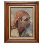 HENRIQUE BERNARDELI (Valparaíso, Chile 1858 - Rio de Janeiro RJ 1936)  - Figura de Bandeirante com Lenço. Óleo s/ tela. Ass. csd. 1887. 40 x 30 cm (MI). 56 x 47 cm (ME). Pintor, desenhista e professor da Escola Nacional de Belas Artes no Rio de Janeiro. Umas das obras mais emblemáticas do pintor é o retrato de Machado de Assis para a Academia Brasileira de Letras.