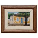 M. CELIMA - Fachada com Arvore. Óleo s/ madeira. Ass. cid. Datado 2002. 9 x 14 cm (MI). 18 x 23 cm (ME).