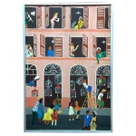 ARTE POPULAR BRASILEIRA - IVONE. Fachada com Personagens Diversos. Óleo s/ tela. Ass. cid. Datado 75. 53 X 36 cm (MI). 55 X 38 cm (ME).