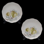Par de pratos com bordas onduladas de porcelana alemã. Fundo de superfície branca com decoração de frutos. No verso marca da manufatura Kronach  Bavária. Chrysanthéme. 20 cm. 1 prato com bicado e fio de cabelo.