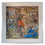 JOHN GRAZ (Genebra, 1891 - São Paulo, 1980) - Casal com Pássaros. Óleo s/ tela. Ass. e datado cie, 72. 73 x 73 cm (MI). 94 x 94 cm (ME). Apresenta no verso selo da Galeria Vendome, SP. Obra registrada no projeto do artista. Pintor, decorador, escultor e artista gráfico. Ingressa no curso de arquitetura, decoração e desenho da Escola de Belas Artes de Genebra em 1908, onde é aluno de Eugène Gilliard (1861-1921), Gabriel Vernet e Daniel Baud-Bovy (1870-1958). É discípulo também de Edouard Ravel, com quem aprende uma multiplicidade de técnicas e estilos. De 1911 a 1913, na Escola de Belas Artes de Munique, estuda decoração, design e publicidade com Carl Moos (1873-1959). Retorna à Escola de Belas Artes de Genebra, onde permanece de 1913 a 1915, período em que passa boa parte do tempo em companhia dos irmãos Regina Gomide (1897-1973) e Antonio Gomide (1895-1967). Viaja a Paris, onde se familiariza com o trabalho de Paul Cézanne (1839-1906) e entra em contato com o cubismo, o fauvismo e o futurismo. Recebe, por duas vezes, a Bolsa Lissignol e parte para estudos na Espanha. De volta a Suíça, realiza vários trabalhos como ilustrador. Em 1920, vem para o Brasil e, nesse mesmo ano, casa-se em São Paulo com Regina Gomide. Por intermédio de Oswald de Andrade (1890-1954) o casal passa a fazer parte da vida intelectual da cidade. Graz participa da Semana de Arte Moderna de 1922, expondo sete obras. A partir de 1923, executa projetos de decoração de residências: cria inúmeros vitrais e realiza design de móveis e peças como portas, fechaduras, luminárias, tapetes e afrescos. É considerado, com Regina e Antonio Gomide, um dos introdutores do estilo art déco em São Paulo. Trabalha com Gregori Warchavchik, recém-chegado ao país, decorando as casas projetadas pelo arquiteto russo. Em 1925, Graz apresenta em São Paulo móveis tubulares, feitos de canos metálicos e laminados de madeira, com formas geometrizadas. Dotado de grande conhecimento técnico e fabril, acompanha pessoalmente a produção das peças no Liceu de Artes e Ofícios, onde conta com a colaboração de Federico Oppido (1877-1950). É inovador na decoração de ambientes. Ao projetar os móveis, prevê sua distribuição no espaço e sua relação com painéis, vitrais e afrescos. A integração dos elementos é uma característica das casas decoradas por Graz: a mesma proposta estende-se dos painéis pintados aos móveis, objetos e iluminação. A residência Cunha Bueno (Jardim América) é exemplo do seu pioneirismo: para a decoração, o artista elabora inclusive o desenho geométrico do piso dos jardins. Infelizmente, a incipiência da indústria brasileira impossibilita a transformação dos protótipos de autoria de John Graz em utensílios produzidos em larga escala.