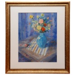 MANOEL SANTIAGO (Manaus, Amazonas, 1897 - Rio de Janeiro, 1987)  Vaso com Flores. Óleo s/ tela. Ass. cie e no verso. 63 x 49 cm (MI). 92 x 81 cm (ME).