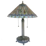 Luminária de mesa Art Déco em bronze patinado. Haste moldada com estilizações vegetais, apoiada em base recortada por friso floral. Cúpula construída com placas de vidro em tons azul e verde, realçada por cabochões em pedraria. Borda ondulada. 60 x 41 cm. Este lote encontra-se em Belo Horizonte, MG, e só estará disponível em nossa loja a partir do dia 13 de Outubro.