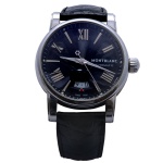 MONTBLANC - Modelo MEISTERSTUCK.  No. 4810 401. Relógio de pulso, com movimento automático suíço, caixa em aço e mostrador negro com data, resistente à água até a pressão de 3 Bar, equivalente a profundidade de 30 m. Pulseira original em couro preto. Este lote encontra-se em Belo Horizonte, MG, e só estará disponível em nossa loja a partir do dia 13 de Outubro.