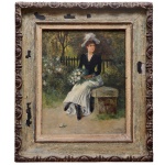 JEAN BEAUDUIN (Bélgica, Verviers, 1851 - França, Paris, 1916)  La Dame en Blouson Blue. Óleo s/ madeira. Ass. cid. Datado 1890. 27 x 22 cm (MI). 38 x 33 cm (ME). Coleção Luiz Carlos de Abreu Pereira. RJ. Este lote encontra-se em Belo Horizonte, MG, e só estará disponível em nossa loja a partir do dia 13 de Outubro.