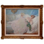 ARTHUR TIMÓTHEO DA COSTA (Rio de Janeiro, 1882 - idem 1922) - Bailarina Deitada. Óleo s/ tela. Paris, 1909. 65 x 81 cm (MI). 84 x 100 cm (ME). Obra Prima do Artista. Moldura com leve bicado. Este lote encontra-se em Belo Horizonte, MG, e só estará disponível em nossa loja a partir do dia 13 de Outubro. Pintor, desenhista, cenógrafo, entalhador, decorador. Inicia seus estudos na Casa da Moeda, onde frequenta o curso de desenho e toma contato com o processo de gravação de imagens acompanhando a impressão de moedas e selos. Em 1894, incentivado pelo diretor da instituição, Enes de Souza, matricula-se com seu irmão João Timótheo da Costa (1879 - 1930) na Escola Nacional de Belas Artes - Enba e freqüenta as aulas ministradas por Bérard (1846 - 1910), Zeferino da Costa (1840 - 1915), Rodolfo Amoedo (1857 - 1941) e Henrique Bernardelli (1858 - 1936). Entre 1895 e 1900 aprende informalmente as técnicas de cenografia com o italiano Oreste Coliva. Participa de diversas edições da Exposição Geral de Belas Artes, em que recebe o prêmio de viagem ao exterior, em 1907. No ano seguinte embarca para Paris, onde permanece por aproximadamente dois anos. Em 1911, viaja para a Itália como integrante do grupo de artistas escolhidos para executar a decoração do Pavilhão Brasileiro na Exposição Internacional de Turim. Em 1919, funda com um grupo de artistas a Sociedade Brasileira de Belas Artes na cidade do Rio de Janeiro, e propõe, em 1920, a livre participação dos artistas filiados à sociedade nas Exposições Gerais de Belas Artes. Nesse mesmo ano, executa com seu irmão a decoração do Salão Nobre do Fluminense Futebol Clube. Em 1921,