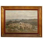 CERAMANO CHARLES FERDINAND (Tielt, Bélgica. 1831  Barbizon, França. 1909)  Ovelhas. Óleo s/ tela. 65 x 92 cm (MI). 89 x 115 cm (ME).Nascido em Tielt, Bélgica, em 1829, Charles-Ferdinand Ceramano foi autodidata junto com Charles Jacque e os dois colaboraram em projetos regularmente. Seu trabalho finalmente cresceu para quase se assemelhar ao trabalho de Jacque com uma firme especialização em cenas pastorais, especificamente focada em rebanhos de ovelhas e cenas internas de ovelhas. Em última análise, Ceramano seria o último pintor dos grupos Millet e Théodore Rousseau na Escola Barbizon. Expôs no Salons des Artistes Français em 1893, 1895 e 1897. Tendo passado os últimos 40 anos de sua vida em Barbizon, França, Ceramano foi sepultado lá em 1909.