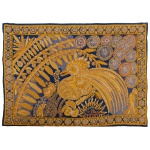 CONCESSA COLAÇO - Tapeçaria de formato retangular com fio de ouro representando Galo. Assinada. 85 x 123 cm.