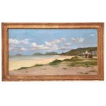 OSCAR PEREIRA DA SILVA (São Fidélis, 1867 - São Paulo, 1939) - "Iconografia - "Praia do José Menino em Santos - Vista para São Vicente, SP". Óleo s/ tela. Ass. cid. Datado 1904. 50 x 95 cm (MI). 62 x 107 cm (ME). Procedência: Galeria Maurício Pontual. Pintor, decorador, desenhista, professor. Entre 1882 e 1887, estuda na Academia Imperial de Belas Artes - Aiba, e é aluno de Zeferino da Costa, Victor Meirelles, Chaves Pinheiro e José Maria de Medeiros. Em 1887, torna-se ajudante de Zeferino da Costa na decoração da Igreja da Candelária, no Rio de Janeiro. Conquista o último prêmio de viagem ao exterior concedido pelo imperador dom Pedro II, transferindo-se para Paris em 1889. Estuda com os pintores Léon Bonnat e Jean-Léon Gérôme. No período em que permanece na França, produz diversos estudos e telas. Retorna ao Brasil em 1896. No Rio de Janeiro, realiza uma exposição individual no salão da Escola Nacional de Belas Artes - Enba, onde são apresentados 33 trabalhos feitos na Europa. No mesmo ano, transfere-se para São Paulo. Leciona no Liceu de Artes e Ofícios de São Paulo - Laosp e no Ginásio do Estado, e ministra também aulas particulares em seu ateliê. Em 1897, funda o Núcleo Artístico, que, mais tarde, se transforma na Escola de Belas Artes, onde dá aulas. Entre 1903 e 1911, trabalha na decoração do Theatro Municipal de São Paulo, elaborando três murais: O Teatro na Grécia Antiga, A Dança e A Música. Entre 1907 e 1917, realiza pinturas para Igreja de Santa Cecília. Como pensionista do Governo do Estado de São Paulo, viaja a Paris em 1925