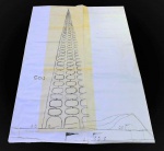OSCAR NIEMEYER - Oscar Ribeiro de Almeida de Niemeyer Soares. (Rio de Janeiro, 1907 - idem, 2012) - "Sem título". Layout de perspectiva de projeto para prédio nº 500 . suporte de cópia heliográfica de grandes dimensões com sobreposição de papel manteiga com intervenções de caneta hidrográfica e outras técnicas (técnica mista). 268 x 167 cm. Não está emoldurado. Marcas do tempo. Amassados e pontos de acidez. Coleção particular :Carlos Eduardo Niemeyer. Em sua aquisição a obra será entregue com certificado do proprietário e neto do autor. Nota Biográfica: Arquiteto e urbanista. Forma-se em arquitetura pela Escola Nacional de Belas Artes (Enba), no Rio de Janeiro, em 1934. Nesse ano, passa a frequentar o escritório do arquiteto e urbanista Lucio Costa (1902-1998). Em 1936, integra a comissão criada para definir os planos da sede do Ministério da Educação e Saúde (MES), no Rio de Janeiro, com a supervisão do arquiteto franco-suíço Le Corbusier (1887-1965), a quem assiste, como desenhista. Baseado no projeto do arquiteto, Niemeyer sugere alterações que são adotadas na construção do edifício. Entre 1940 e 1944, projeta, por encomenda do então prefeito de Belo Horizonte, Juscelino Kubitschek (1902-1976), o Conjunto Arquitetônico da Pampulha, que se configura como um marco de sua obra, pois rompe com os conceitos rigorosos do funcionalismo e utiliza uma linguagem de formas novas, de superfícies curvas, explorando as possibilidades plásticas do concreto armado. Em 1947, é convidado pela Organização das Nações Unidas (ONU) a participar da comissão de arquitetos encarregada de definir os planos de sua futura sede em Nova York. Seu projeto, associado ao de Le Corbusier, é escolhido como base do plano definitivo. No Rio de Janeiro, em 1955, funda a revista Módulo e no ano seguinte começa, a convite do presidente da República, Juscelino Kubitschek, a colaborar na construção da nova capital do Brasil, Brasília, cujo plano urbanístico é confiado a Lucio Costa. Em 1958, é nomeado arquiteto-chefe de Brasília, para onde se transfere e permanece até 1960. Entre os projetos mais importantes de Niemeyer destacam-se o Parque do Ibirapuera, São Paulo, 1951; a sede do Partido Comunista Francês, Paris, 1965; a Escola de Arquitetura de Argel, Argélia, 1968; a sede da Editora Mondadori, Milão, Itália, 1968 e a sede do jornal L'Humanité, Saint-Denis, França, 1987.