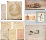 ADOLPHE D'ASTREL (França, 1805-1870) - Coleção de desenhos originais do Rio de Janeiro e Arrebaldes, Rio de Janeiro 1840/1844. feitos em sua permanência no Brasil. Parte dos 13 desenhos e 5 cartas originais provenientes da Coleção Guta e José Mindlin, relativos ao Rio de Janeiro cenas e costumes datados de 1840/41.Série de 12 desenhos alguns frente e verso com cenas urbanas, vistas , pessoas e estudos do Rio de Janeiro, bem como 5 cartas e anotações do próprio DAstrel e ou endereçadas e ele e uma Gravura do próprio artista, no total de 19 itens.Acompanha:1 foto do artista. Medidas: 19 x 14,5 cm.5 cartas do artista recebidas ou enviadas e anotações.Gravura Ilha Boa Viagem. Medidas: 9,6 x 22,8 cm.Aquarela festa índios. Medidas: 7,4 x 12,7 cm.Desenho frente e verso: Nicteroy e cenas urbanas. Medidas: 10,2 x 15,2 cm.Desenho frente e verso: Costumes, vistas e pessoas. Medidas: 9,7 x 14,5 cm.Desenho frente e verso: Pão de Açúcar e estudo figuras. Medidas: 9,8 x 14,7 cm.Desenho frente e verso: A Carioca, igreja e chafariz; figuras e chafariz. Medidas: 10,2 x 15,2 cm. Desenho frente e verso: Vista e costumes; arquitetura, coches e cálculos. Medidas: 17,5 x 22 cm. Desenho frente e verso: Bahia da Guanabara, verso datado 1841. Medidas: 20,8 x 30 cm. Guache Bahia escravos "Portefaix de Bahia". Medidas: 24 x 33,7 cm.Desenho escrava Pernambuco, datada: 14 de março de 1860. Medidas: 12,5 x 7,3 cm. / 16,5 x 13,3 cm.Pintor viajante desenhista, gravador e escritor, catalogado em livros e bibliografias especializadas em Brasil.; Brasiliana Itaú Cultural, págs. 208 e 209 também no catálogo de Gilberto Ferrez pg. 436, Referência 2756. Militar de profissão, dedicou-se à pintura de paisagens urbanas. Em 1840  Esteve de passagem pelo Rio de Janeiro onde desenhou cenas urbanas , vistas ,costumes retornando do Rio da Prata onde havia participado de operações militares.1847  Publicou, em Paris, um conjunto de litografias, intitulado Rio de Janeiro , Souvenirs du Brésil (Rio de Janeiro ou Recordações do Brasil).Atlas Fólio muito raro com litografias do Rio de Janeiro baseadas nestes desenhos.FontesPONTUAL, Roberto. Dicionário das artes plásticas no Brasil. Civilização Brasileira, Rio de Janeiro, 1969.< http://www.pt.wikipedia.org/wiki/Adolphe_dHastrel>