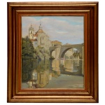ALFREDO SANTOS  O Passeio. Óleo s/ tela. Ass. cid. 52 x 44 cm (MI). 74 x 65 cm (ME). Lote pertencente ao acervo de tradicional família paulistana de Américo Moreira dos Santos e Anella Mafalda Malzoni.