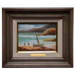 MARIA ALICE MEIRELLES RUSSO  Barco Ancorado e Crianças. Óleo s/ tela. Ass. cid. 15 x 21 cm (MI). 33 x 39 cm (ME). Lote pertencente ao acervo de tradicional família paulistana de Américo Moreira dos Santos e Anella Mafalda Malzoni.