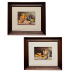 M C MEIRELES - Pendant - Natureza Morta com Frutas (Tangerina e Mamão). Óleo s/ tela. Ass. cid e cie. Datado 81. 17 x 23 cm (MI). 41 x 47 cm (ME). Lote pertencente ao acervo de tradicional família paulistana de Américo Moreira dos Santos e Anella Mafalda Malzoni.