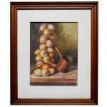 M C MEIRELES - Natureza Morta com Cebolas. Óleo s/ tela.  Ass. cid. Datado 80. 39 x 29 cm (MI). 62 x 52 cm (ME). Lote pertencente ao acervo de tradicional família paulistana de Américo Moreira dos Santos e Anella Mafalda Malzoni.