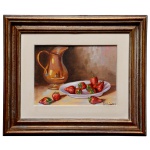 M C MEIRELES  Natureza Morta com Morangos e Jarra para Vinho. Óleo s/ tela. Ass. cid. 16 x 22 cm (MI). 32 x 38 cm (ME). Lote pertencente ao acervo de tradicional família paulistana de Américo Moreira dos Santos e Anella Mafalda Malzoni.