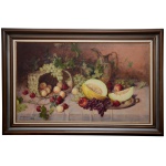 SHOKICHI TAKAKI (Niegata, Japão, 1914 - 2006)  Natureza Morta com Frutos. Óleo s/ tela. Ass. cie. Datado 77. 58 x 98 cm (MI). 78 x 119 cm (ME). Lote pertencente ao acervo de tradicional família paulistana de Américo Moreira dos Santos e Anella Mafalda Malzoni. Nasceu em Niegata, no Japão. Em 1927 veio para o Brasil. Iniciou-se como autodidata e nessa condição até hoje permanece. De lavra acadêmica, sua pintura reproduziu paisagens, naturezas-mortas, figuras humanas, flores e marinhas, em cunho realista e naturalista. Prêmios: 1982 - Ribeirão Preto SP - Salão de Belas Artes de Ribeirão Preto - Medalha de Ouro Francisco Cossolet 1984 - Le Centre International D´Art Contemporain - Medalha de Ouro; 1984 - São Paulo SP - Salão da Associação Paulista de Belas Artes - Pequena e Grande Medalha de Bronze e Pequena e Grande Medalha de Prata