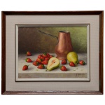 A. ARENA - Natureza Morta com Bule de Cobre e Frutos. Óleo s/ tela. Ass. cid. 29 x 40 cm (MI). 48 x 57 cm (ME). Ingressa na Faculdade de Engenharia e Química da Universidade de Nápoles (Itália). Estuda pintura com E. Briante, em Florença (Itália), em 1948. Em 1952, transfere-se para o Brasil e estuda pintura com Angelo Cannone, no Rio de Janeiro. A convite de Ana Freud, pinta em 1977 um retrato de Sigmund Freud, que é reproduzido sob a forma de selo comemorativo em 1981. Em 1976, é nomeado Acadêmico do Mar pela Academia Internacional de Ciências e Artes do Mar, em Milão (Itália). Lote pertencente ao acervo de tradicional família paulistana de Américo Moreira dos Santos e Anella Mafalda Malzoni.