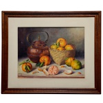 M C MEIRELES  Natureza Morta com Cesta e Tangerinas. Óleo s/ tela. Ass. cie. 38 x 48 cm (MI). 60 x 71 cm (ME). Lote pertencente ao acervo de tradicional família paulistana de Américo Moreira dos Santos e Anella Mafalda Malzoni.