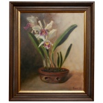 SILVIO LEMIMI - "Lelia Purpurata". Óleo s/ tela. Ass. cid. Datado 83. Ass, titulada e datada no verso, 83.  48 x 39 cm (MI). 62 x 52 cm (ME). No verso selo da Sociarte 3ª. Seleção de Pintores Contemporâneos. Lote pertencente ao acervo de tradicional família paulistana de Américo Moreira dos Santos e Anella Mafalda Malzoni.